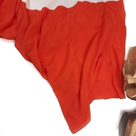 New MM COUTURE Orange Tan Waterfall One Shoulder Dress Sz L - Picture 2 of 11